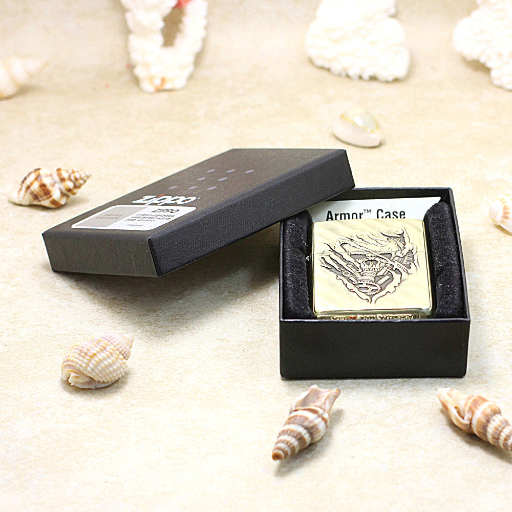 Zippo Vintage Bronze Intricate Engraved 3D Skull Tear and Gear - CC139
