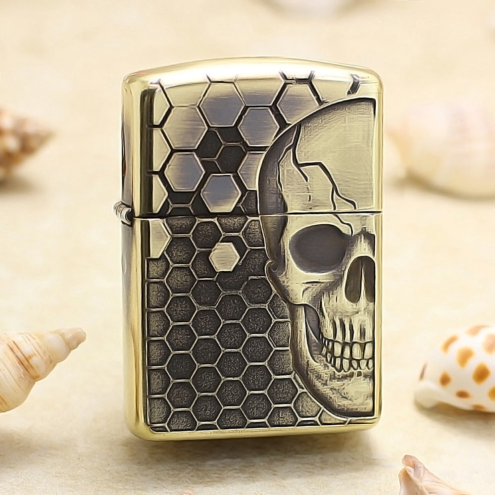 Zippo Vintage Bronze Intricate Engraved Honeycomb Half Skull - CC155
