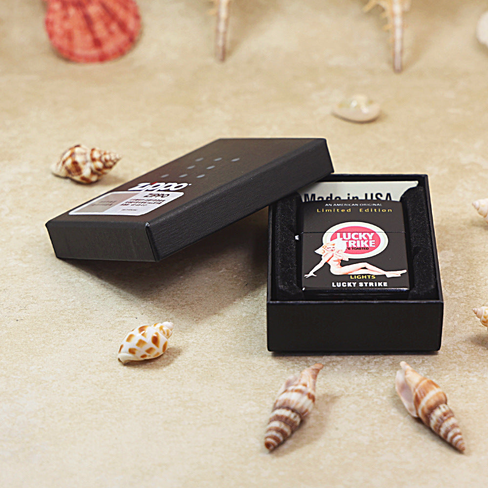 Zippo Obsidian Matte Hue Decorated Lucky Strike Pin-Up Maiden - CS19
