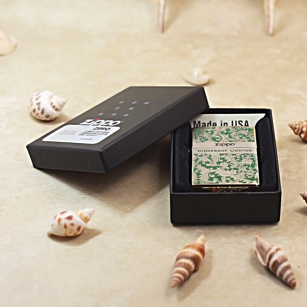 Zippo Premium Shine Bronze Green Hue Filled Arabesque Scroll - CS14