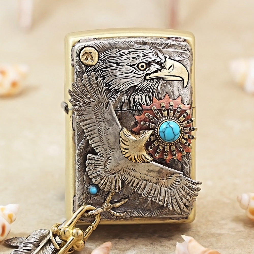 Zippo Premium-Shine Bronze Blue Turquoise Eagle Sun Medallion Flame - DS172
