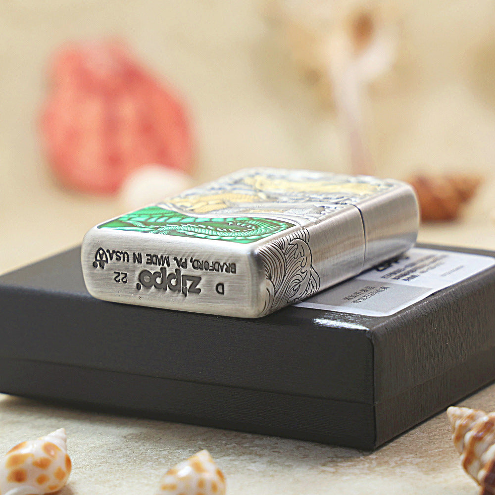 Zippo Vintage Argent & Gold-Layered 'Carp Leaping Over the Serpent Gate' - 162-DS54