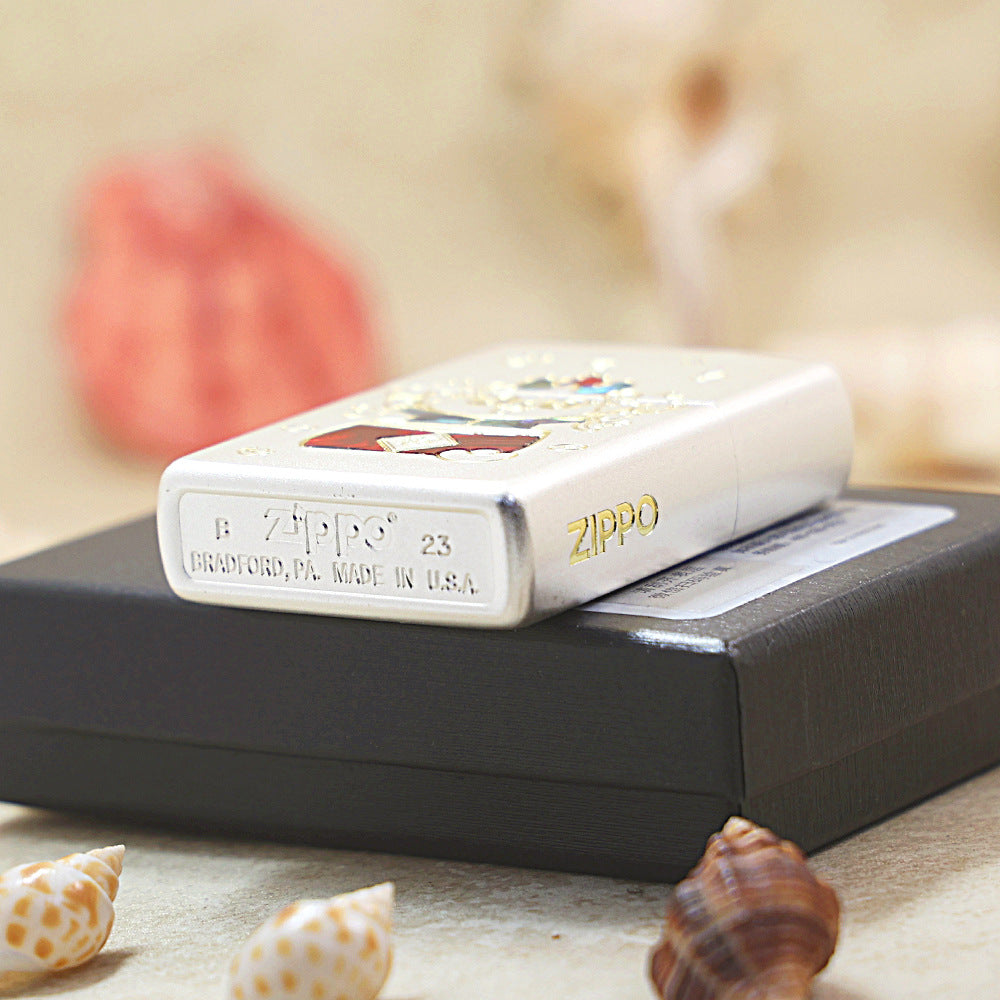 Zippo Textured Smoked Steel 'Good Luck Dragon' Intricate Carve with Abalone Case Inlay - DS142