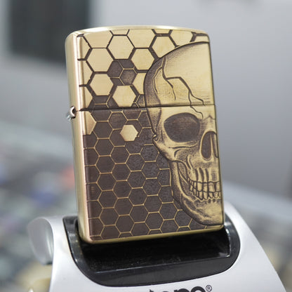 Zippo Vintage Bronze Intricate Engraved Honeycomb Half Skull - CC155