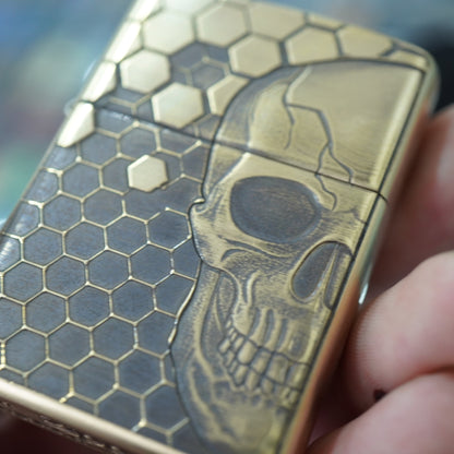 Zippo Vintage Bronze Intricate Engraved Honeycomb Half Skull - CC155