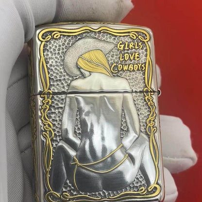 Zippo Armor Sterling Silver "Cowboy & Sheriff" 24K Gold Inlay Lighter