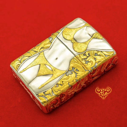 Zippo Armor Sterling Silver Luxury Collector's Lighter - 24K Gold-Accented Bikini Lady & Vintage Arabesque