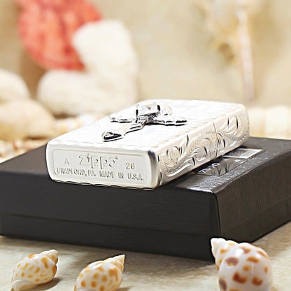 Zippo Silver-Plated with Rose & Compass Engraving and Cross Emblem DS191