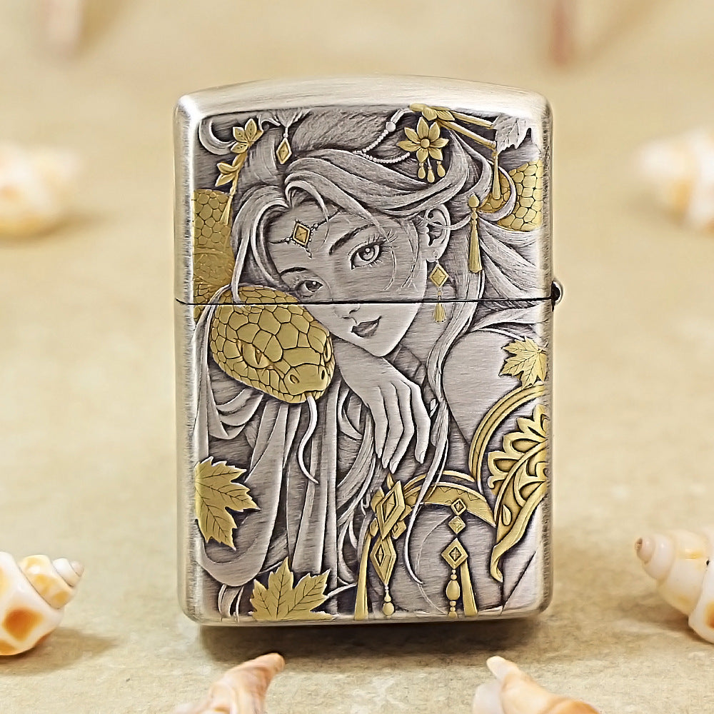 Zippo Antique Silver Two-Tone 3D Relief Snake & Forbidden Fruit 162-DS193