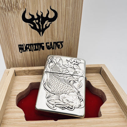 Zippo Armor Sterling Silver Lighter – Hand-Engraved 3D High-Relief "Lotus & Koi Fish"