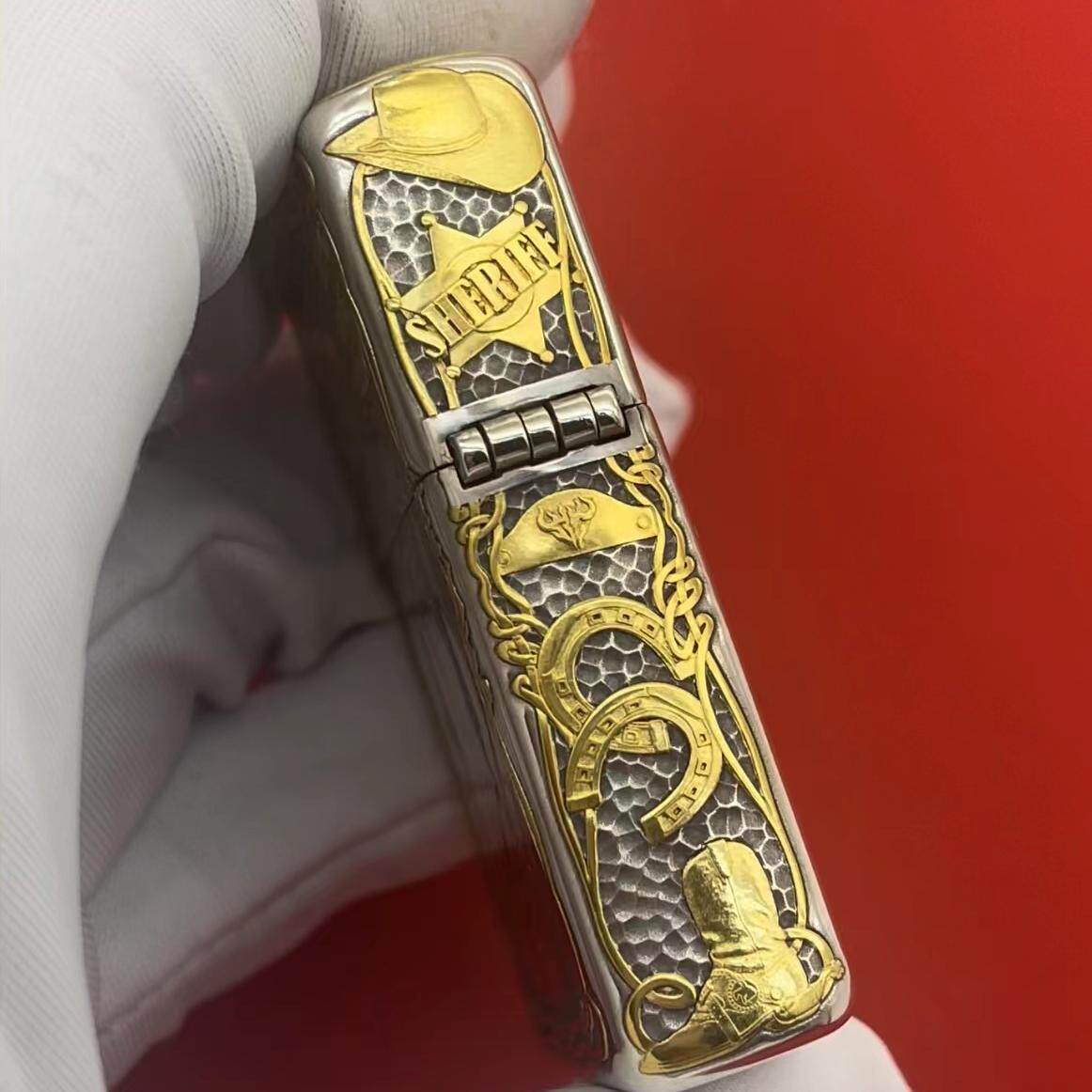 Zippo Armor Sterling Silver "Cowboy & Sheriff" 24K Gold Inlay Lighter