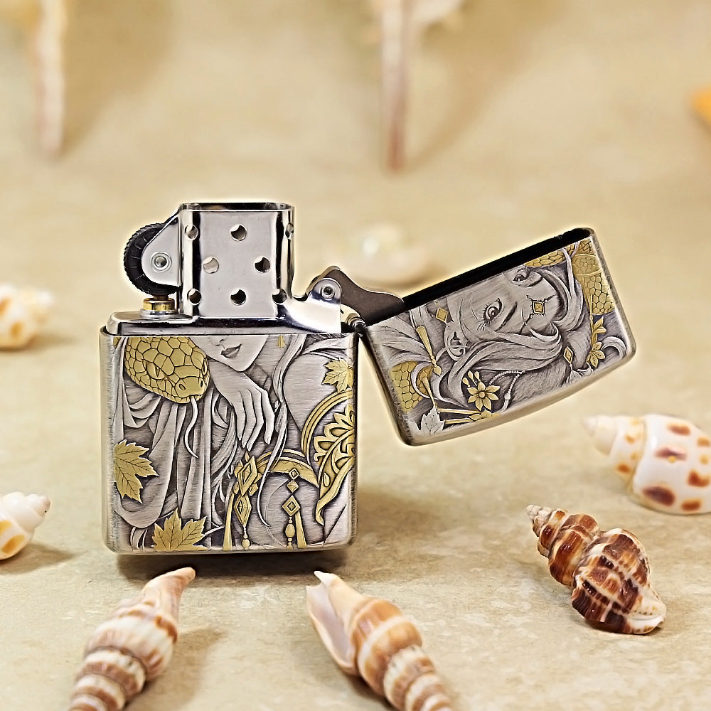Zippo Antique Silver Two-Tone 3D Relief Snake & Forbidden Fruit 162-DS193