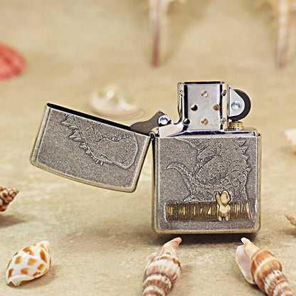 Zippo Antique Silver Engraved Kaiju & Gaze DS303