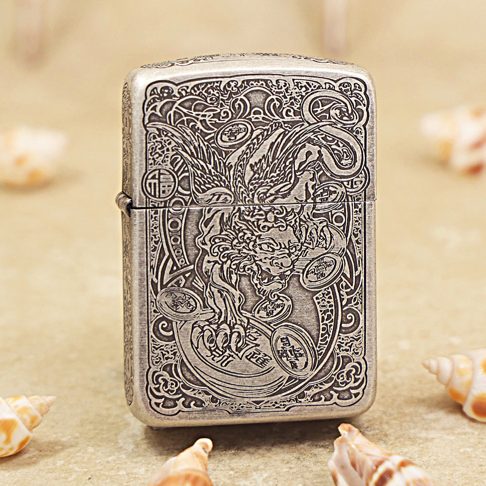Zippo Antique Silver Fortune Pixiu Engraving DS291