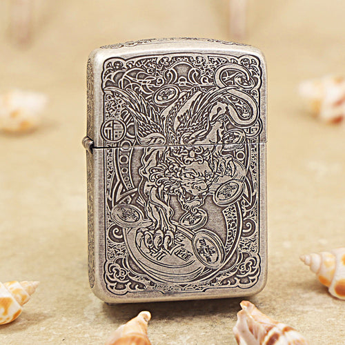Zippo Antique Silver Fortune Pixiu Engraving DS291