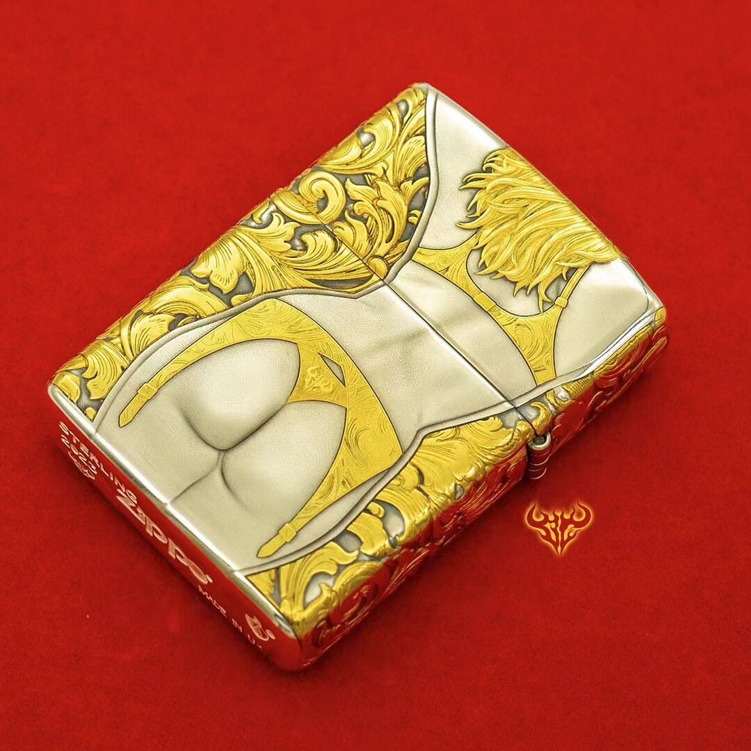 Zippo Armor Sterling Silver Luxury Collector's Lighter - 24K Gold-Accented Bikini Lady & Vintage Arabesque