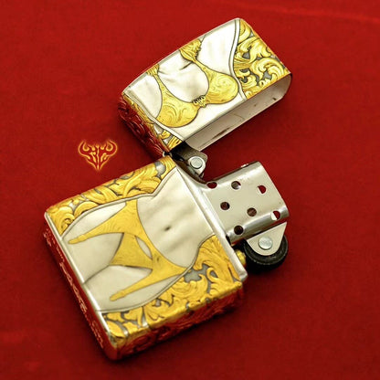 Zippo Armor Sterling Silver Luxury Collector's Lighter - 24K Gold-Accented Bikini Lady & Vintage Arabesque