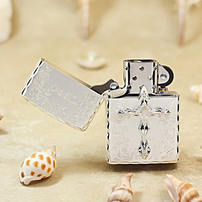 Zippo Silver-Plated with Rose & Compass Engraving and Cross Emblem DS191
