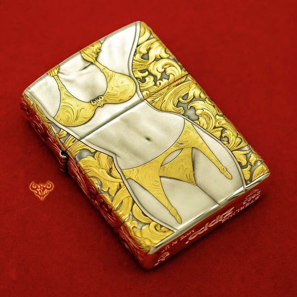 Zippo Armor Sterling Silver Luxury Collector's Lighter - 24K Gold-Accented Bikini Lady & Vintage Arabesque