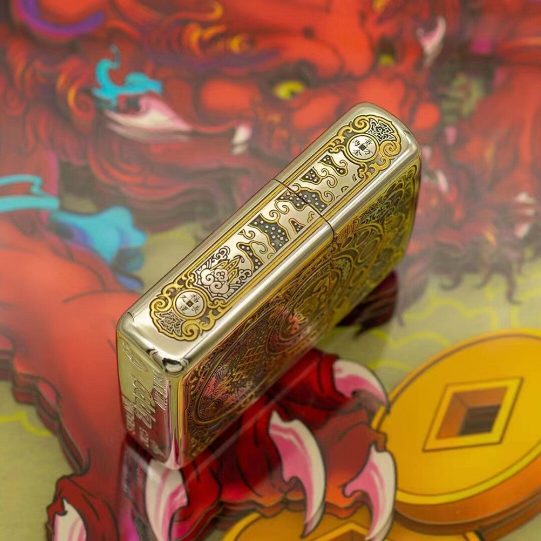 Zippo Sterling Silver Armor Lighter - Handcrafted 24K Gold-Gilded Pixiu