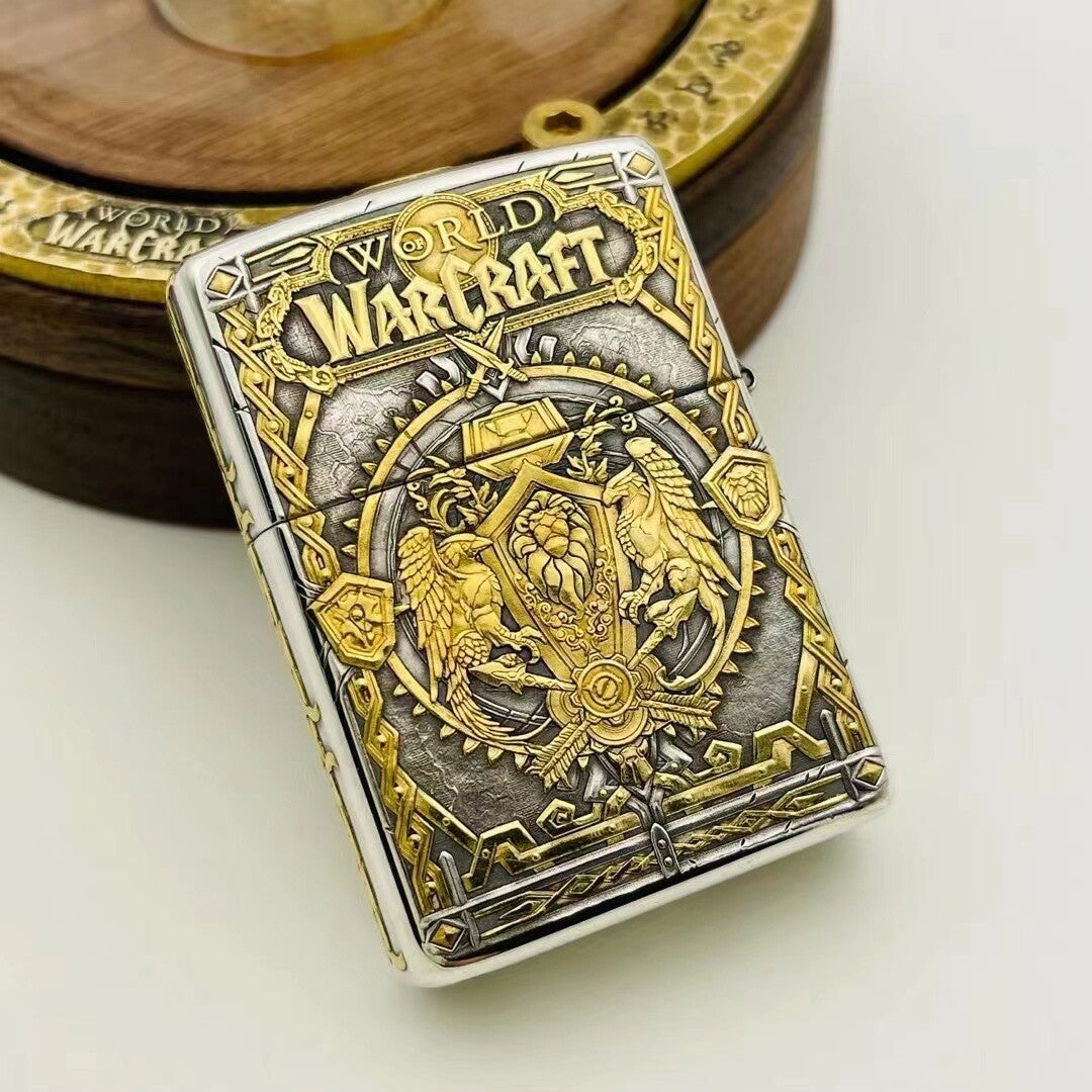 Zippo Armor Sterling Silver World of Warcraft Edition – Hand-Carved 3D High-Relief 24K Gold Inlay Kerosene Lighter