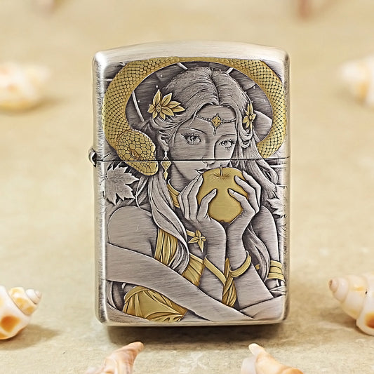 Zippo Antique Silver Two-Tone 3D Relief Snake & Forbidden Fruit 162-DS193