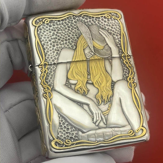 Zippo Armor Sterling Silver "Cowboy & Sheriff" 24K Gold Inlay Lighter