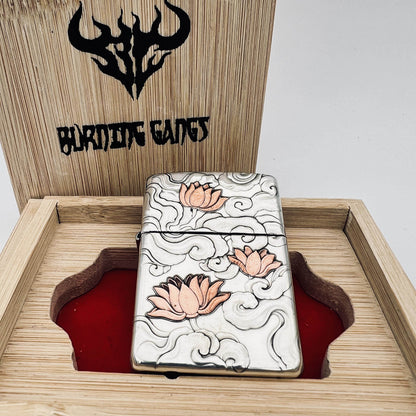 Zippo Armor Sterling Silver Lighter – Hand-Engraved 3D High-Relief "Lotus & Koi Fish"