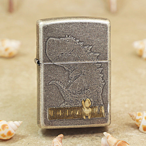 Zippo Antique Silver Engraved Kaiju & Gaze DS303