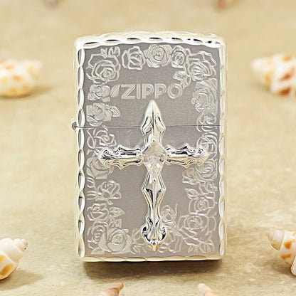 Zippo Silver-Plated with Rose & Compass Engraving and Cross Emblem DS191