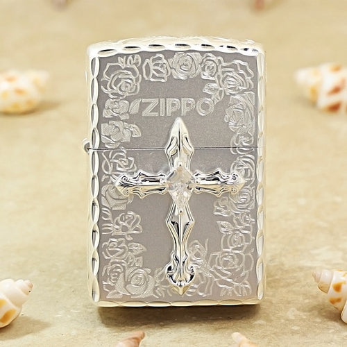Zippo Silver-Plated with Rose & Compass Engraving and Cross Emblem DS191