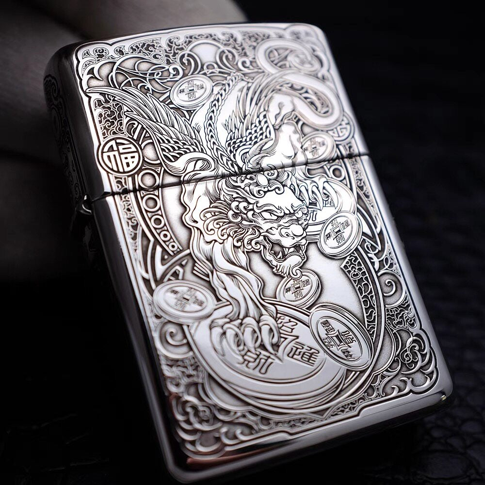 Zippo Sterling Silver Armor Lighter – Deep Engraved "Flying Pixiu"