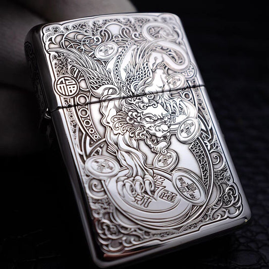 Zippo Sterling Silver Armor Lighter – Deep Engraved "Flying Pixiu"