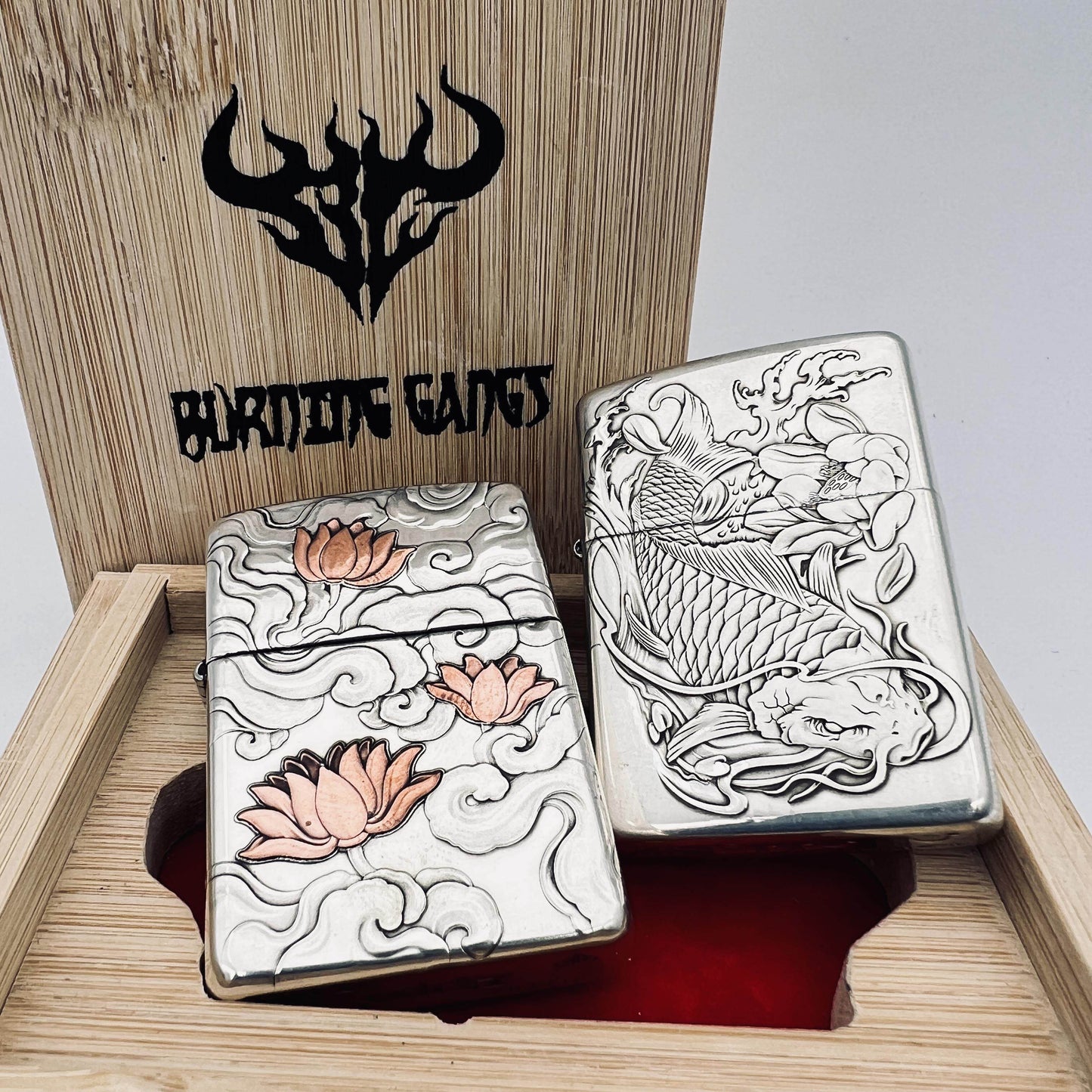 Zippo Armor Sterling Silver Lighter – Hand-Engraved 3D High-Relief "Lotus & Koi Fish"