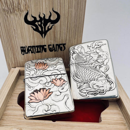 Zippo Armor Sterling Silver Lighter – Hand-Engraved 3D High-Relief "Lotus & Koi Fish"