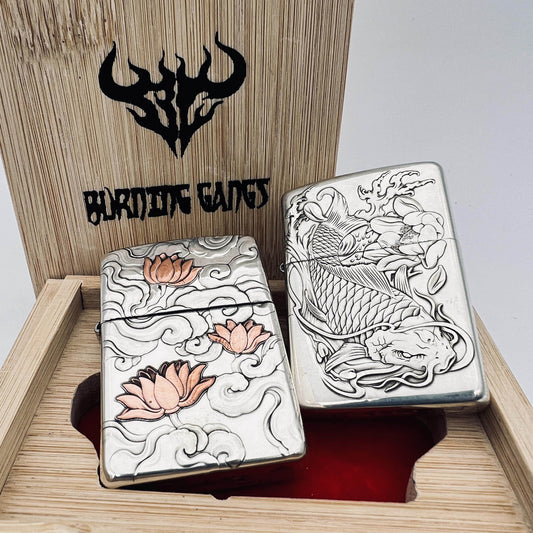 Zippo Armor Sterling Silver Lighter – Hand-Engraved 3D High-Relief "Lotus & Koi Fish"