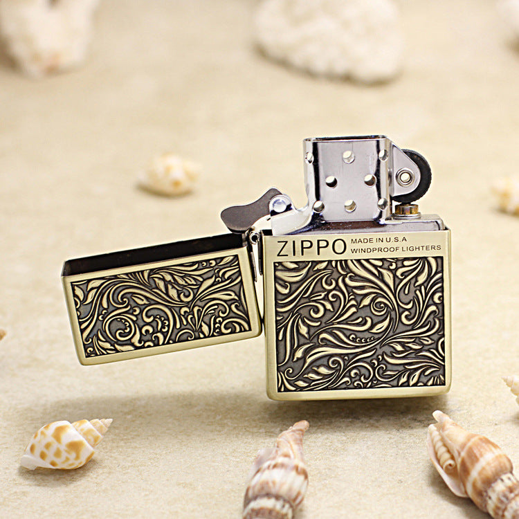 Zippo 1935 Flat Top Bronze Intricate Engraved Arabesque Scroll - CC117