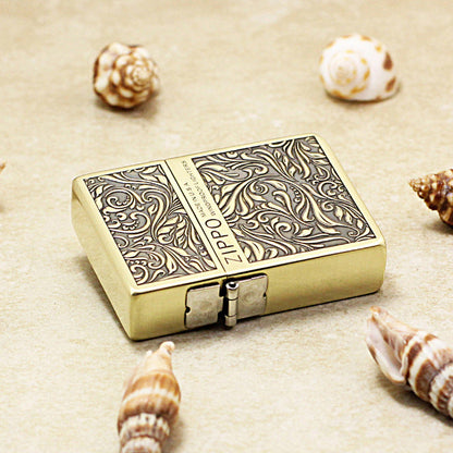 Zippo 1935 Flat Top Bronze Intricate Engraved Arabesque Scroll - CC117