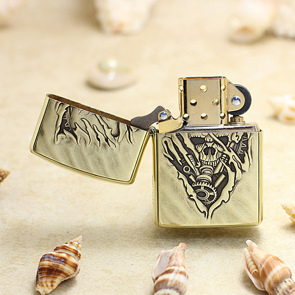Zippo Vintage Bronze Intricate Engraved 3D Skull Tear and Gear - CC139