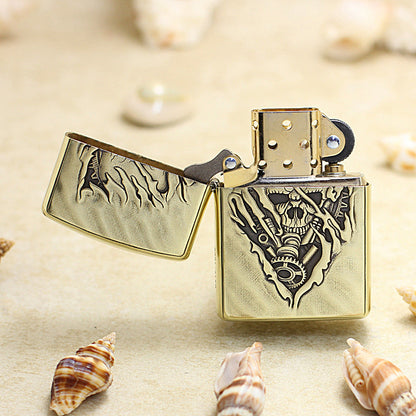 Zippo Vintage Bronze Intricate Engraved 3D Skull Tear and Gear - CC139