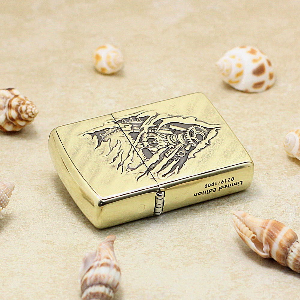 Zippo Vintage Bronze Intricate Engraved 3D Skull Tear and Gear - CC139
