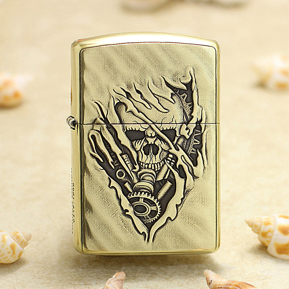 Zippo Vintage Bronze Intricate Engraved 3D Skull Tear and Gear - CC139