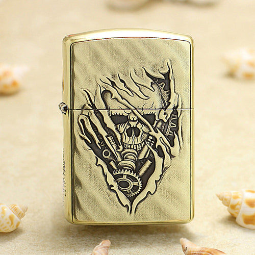 Zippo Vintage Bronze Intricate Engraved 3D Skull Tear and Gear - CC139