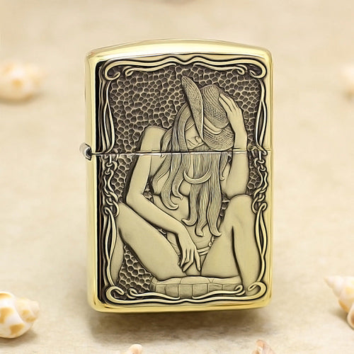 Zippo Vintage Bronze Intricate Engraved Cowgirl Pin-Up 3d-embossed - CC122