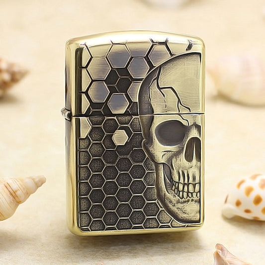 Zippo Vintage Bronze Intricate Engraved Honeycomb Half Skull - CC155
