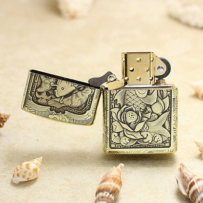 Zippo Vintage Bronze Intricate Engraved Koi Fish and Lotus 3d-embossed - CC142