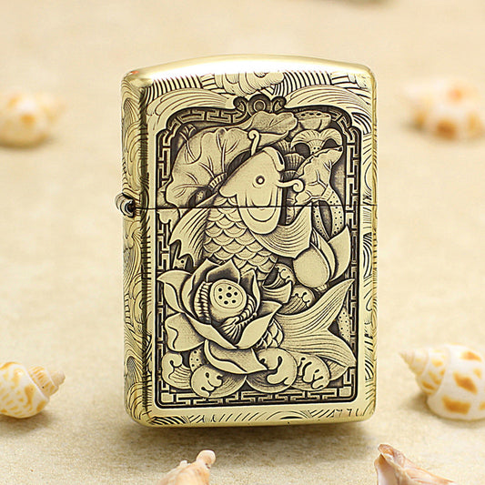 Zippo Vintage Bronze Intricate Engraved Koi Fish and Lotus 3d-embossed - CC142