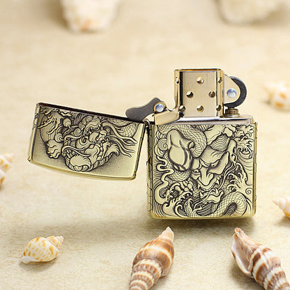 Zippo Vintage Bronze Intricate Engraved Mythical Tang Lion and Demon 3d-embossed - CC145