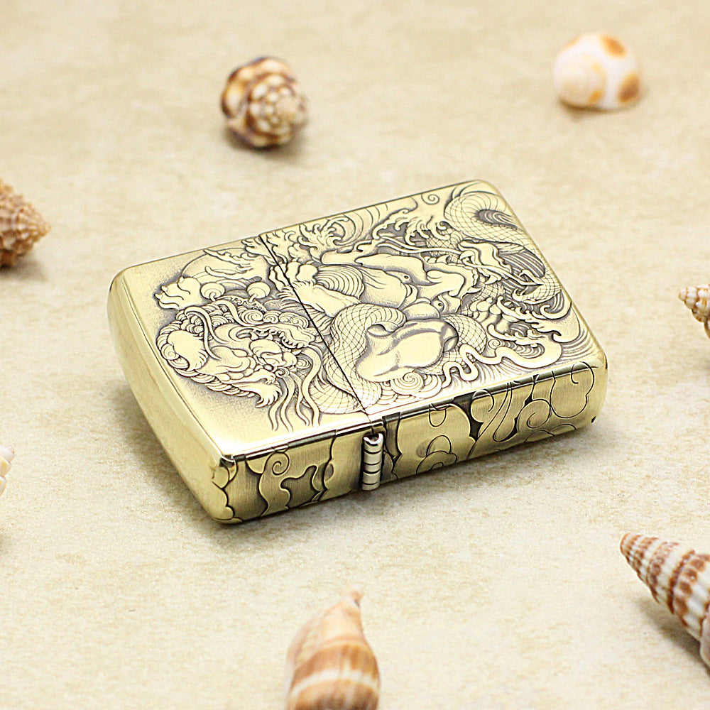 Zippo Vintage Bronze Intricate Engraved Mythical Tang Lion and Demon 3d-embossed - CC145