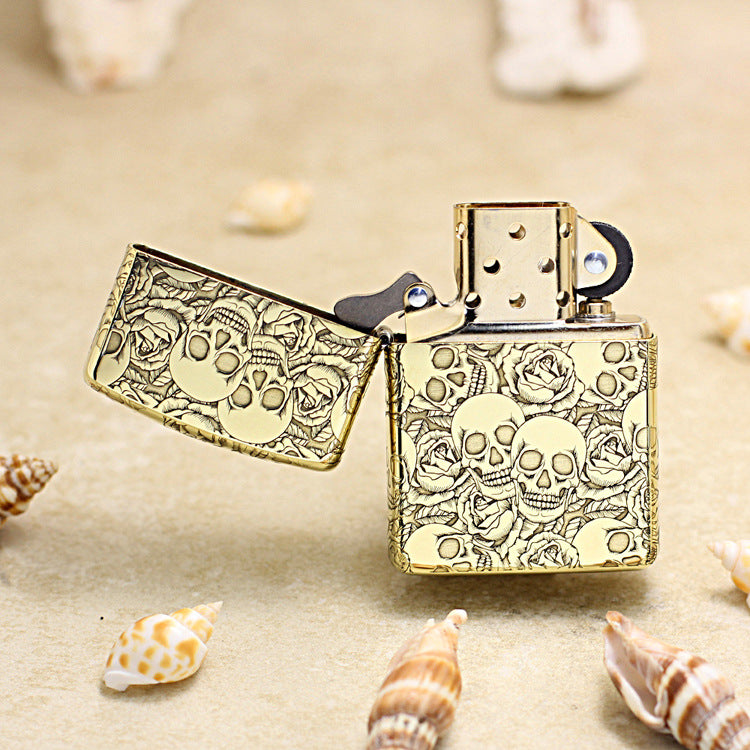 Zippo Vintage Bronze Intricate Engraved Skulls and Roses Pattern - CC164